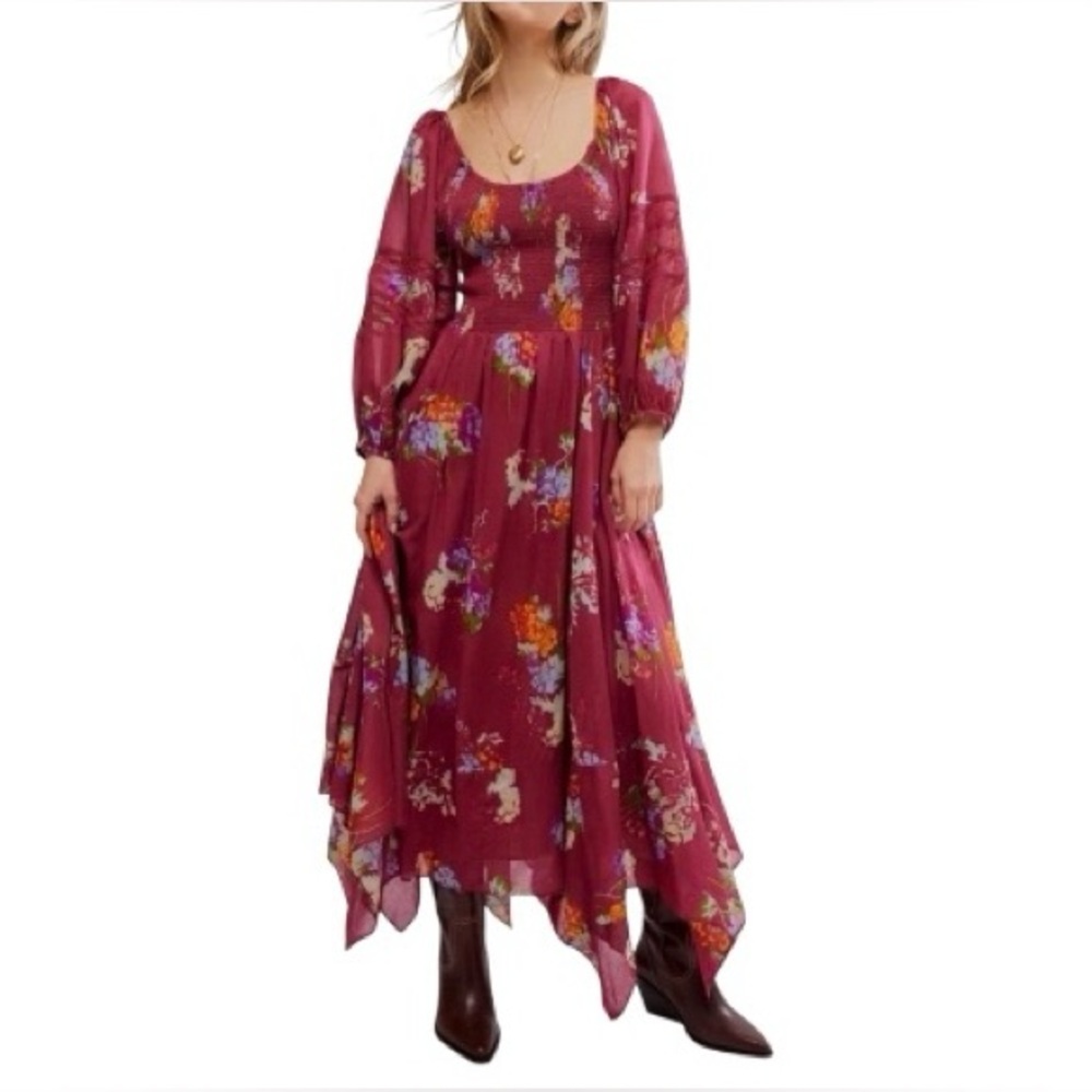 Free People Raspberry Floral Long Sleeve Handkerchief-Hem Maxi Dress